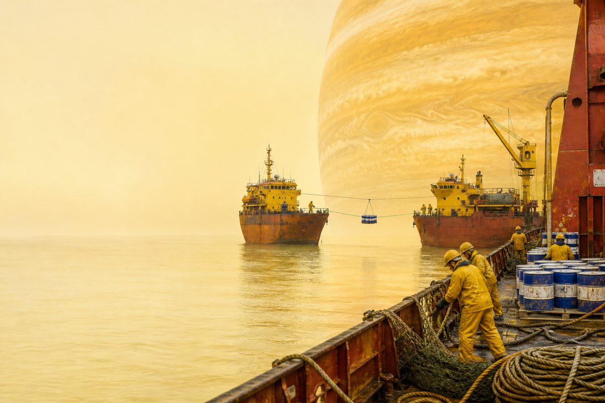 Two rusted cargo hulls at anchor beneath a gas giant, crews in yellow passing a single pallet between them on a line.